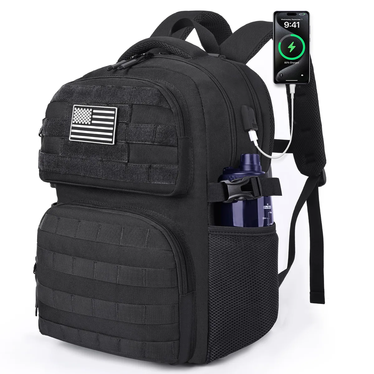 Black nylon tactical backpack with MOLLE webbing, 18x14x8 inches, 30L capacity