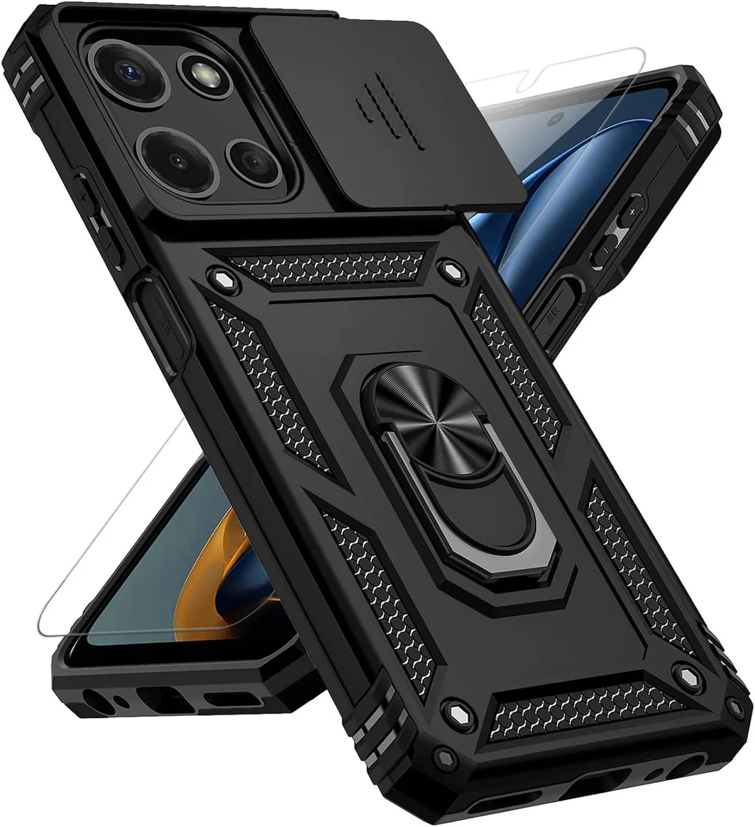 PISKEKAT PISKEKAT Motorola Moto G 2025 Case Slide Camera Cover Magnetic Ring Kickstand Black — product photo