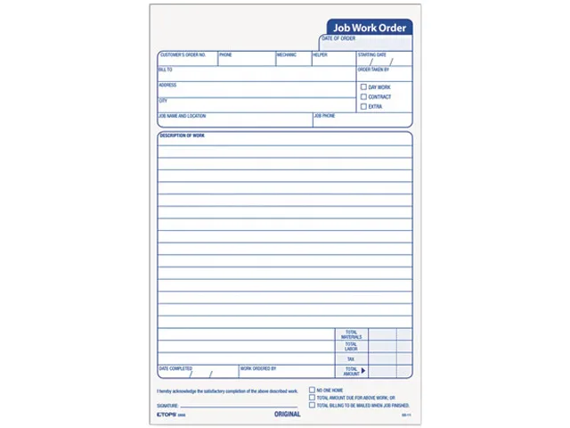 TOPS TOPS 3868 Job Work Order Tax Form 3-Part Carbonless 50 Pack — product photo