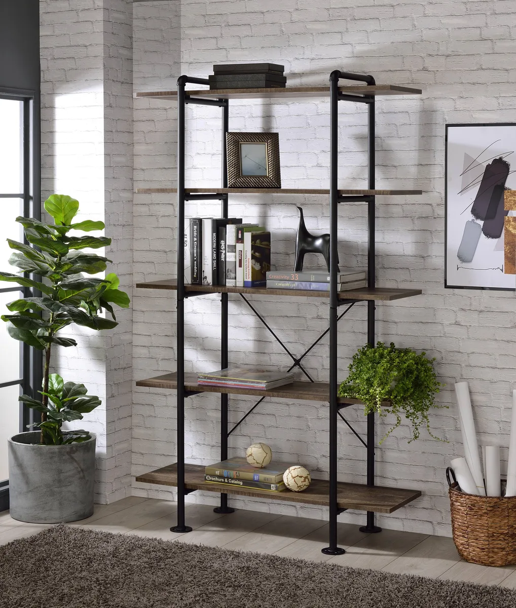 tuphen tuphen Rustic Oak &amp; Black 5-Tier Bookshelf — product photo