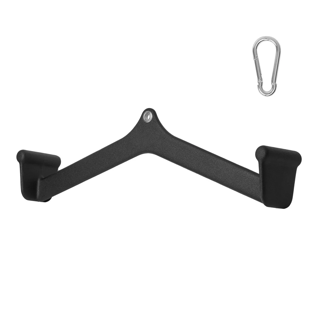 Black V-shaped steel bar with rubber-coated handles and carabiner