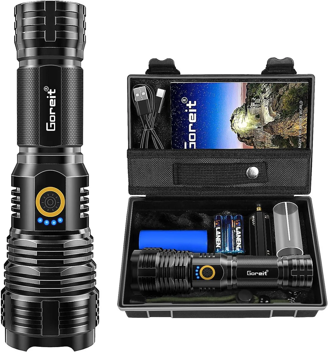 Cylindrical rechargeable flashlight with textured grip and power indicator lights