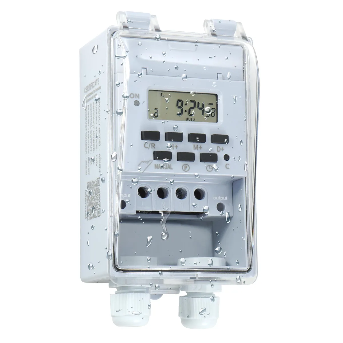 White rectangular wall-mount timer with clear waterproof cover and digital display