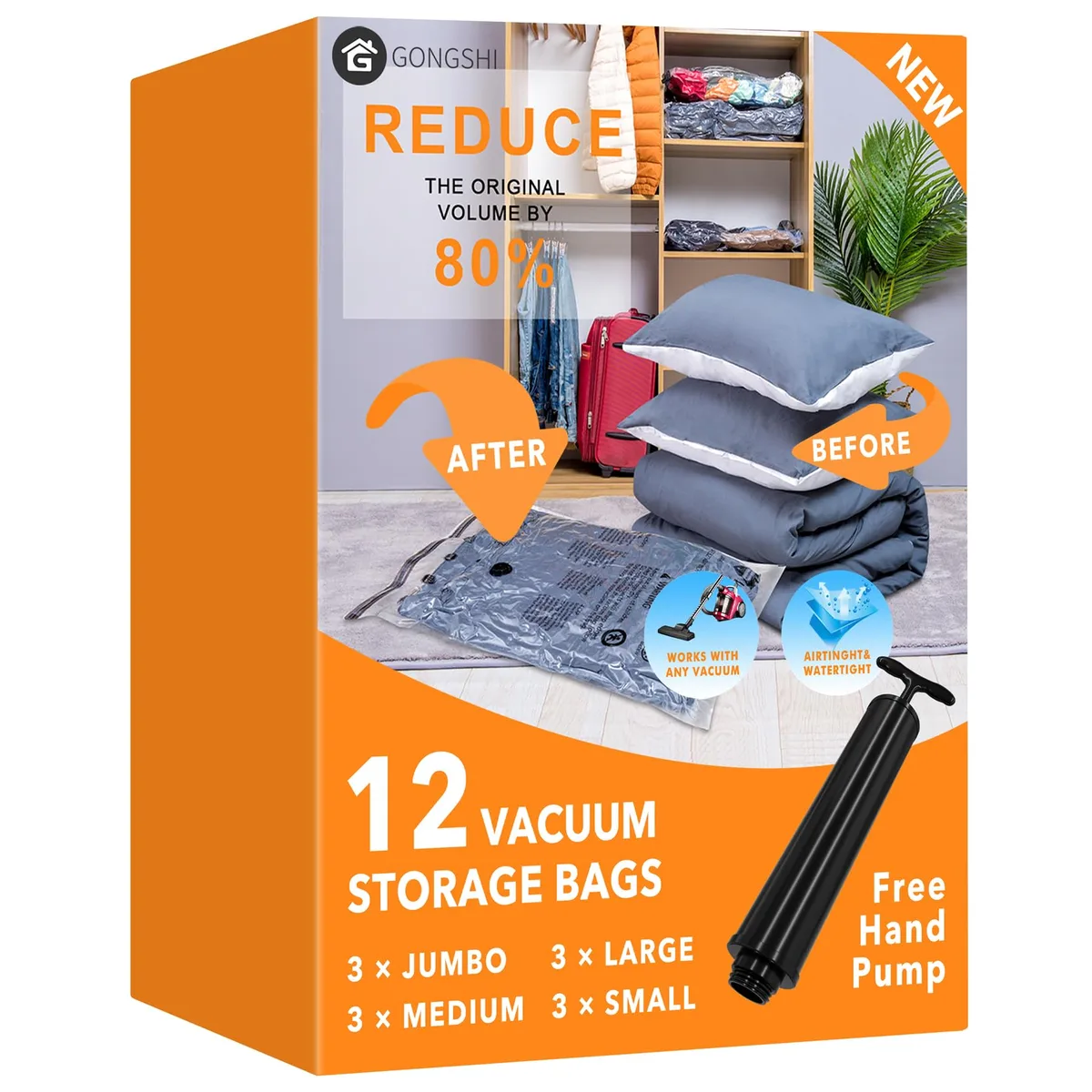 Twelve beige nylon vacuum storage bags in four sizes with zipper seals and travel pump