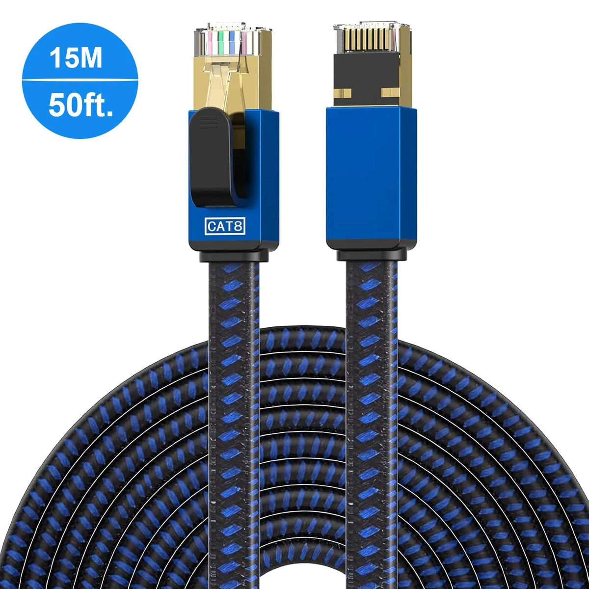 AUTYUE AUTYUE Cat 8 Ethernet Cable 50FT 15M SSTP Flat Nylon Braided Black Blue — product photo