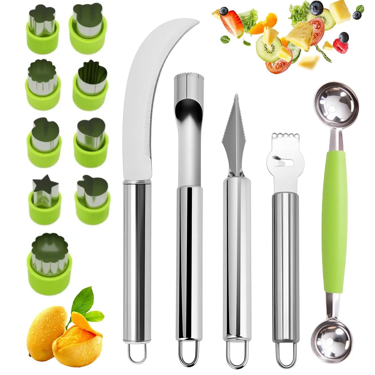 Fourteen stainless steel fruit carving tools in silver finish