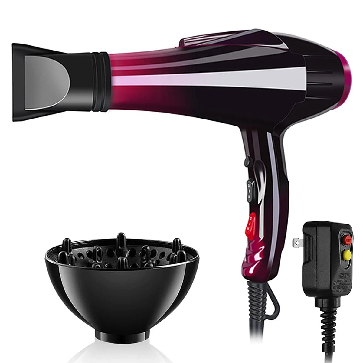 Purple ionic hair dryer with concentrator and diffuser attachments