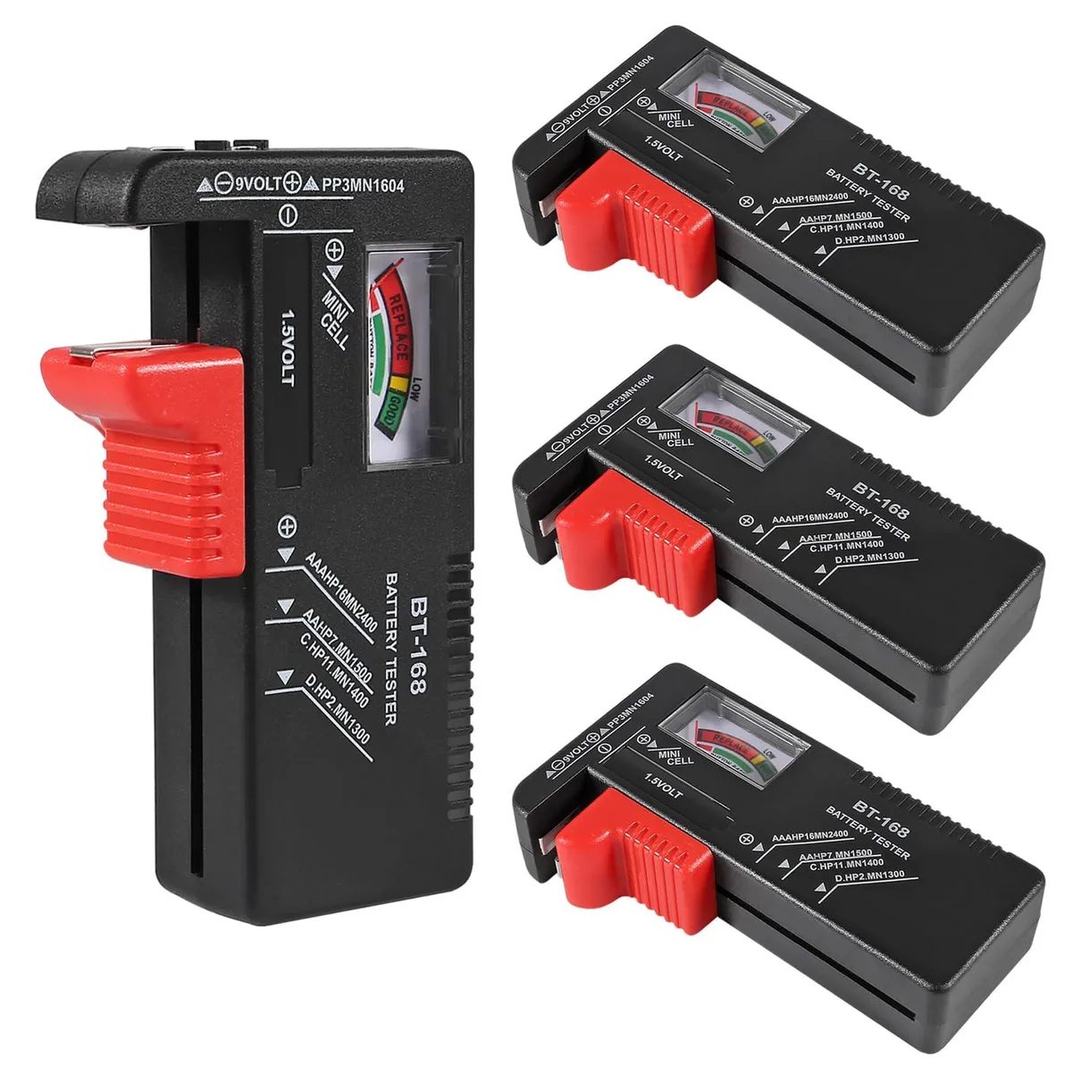 Four small rectangular battery testers with analog color-coded dials