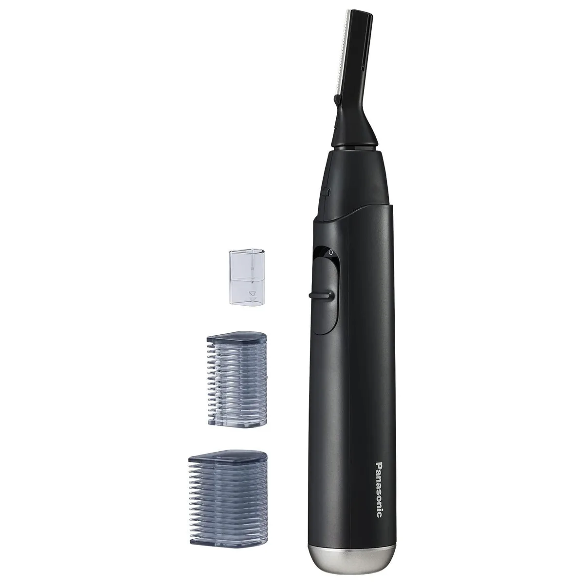Black Panasonic facial trimmer with flexible head and five attachments