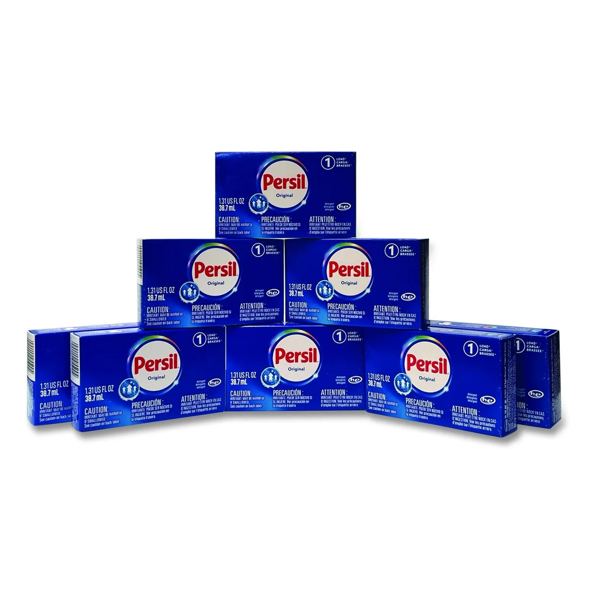 Cardboard vend box containing 100 small liquid laundry detergent packets