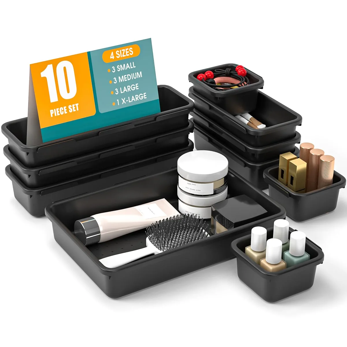 Ten black plastic drawer bins in four sizes with non-slip pads
