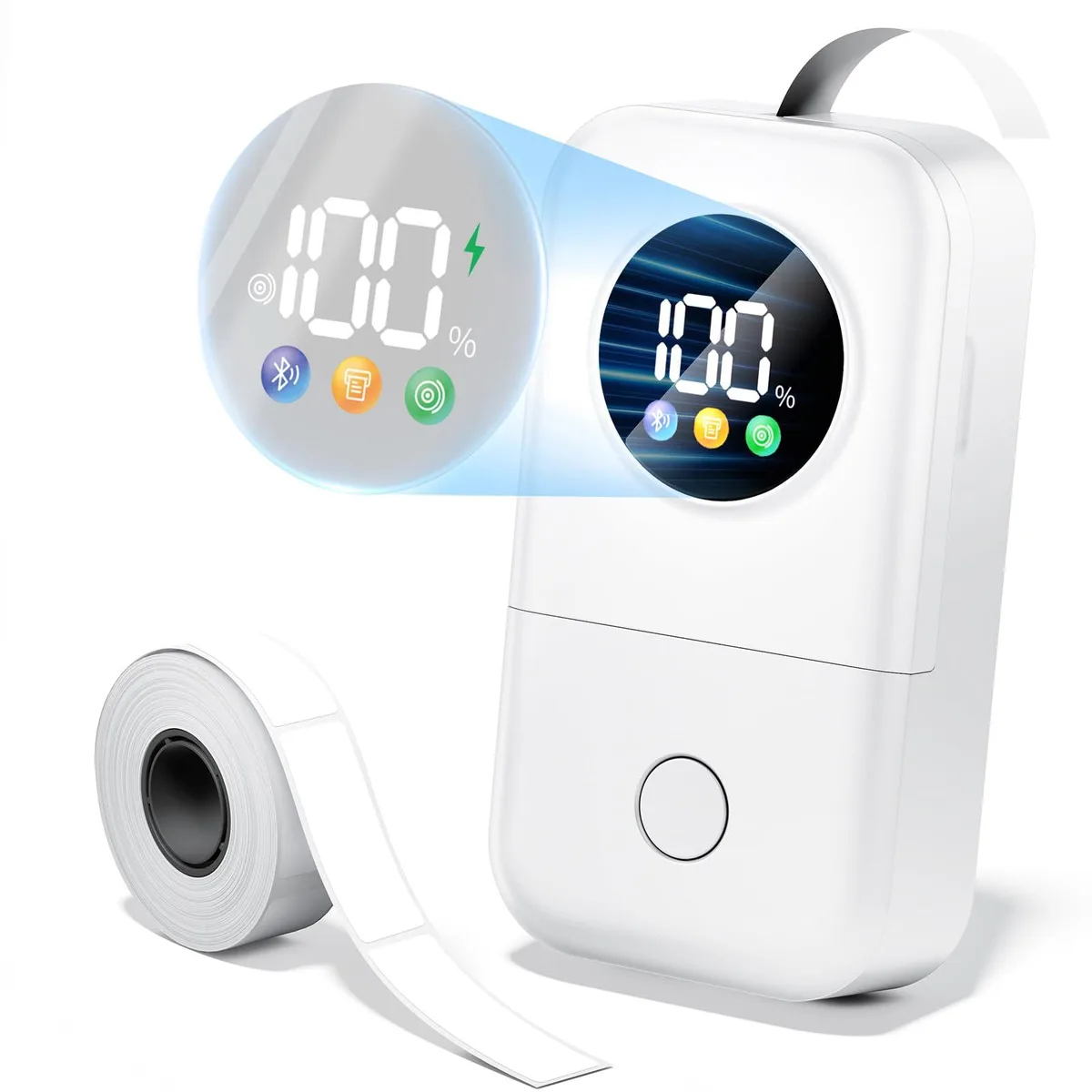 Compact white label printer with LED screen and tape roll visible