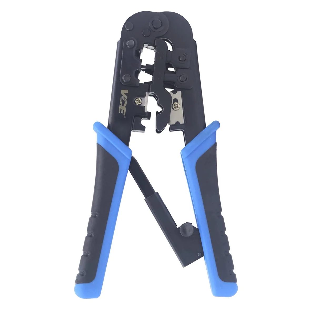 Blue VCE GJ668BL-1P-CA crimp tool, metal body, ergonomic handles, compact all-in-one design for RJ45 RJ11 RJ12 RJ22 connectors