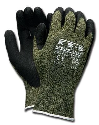 Black cut-resistant gloves with green liner and latex-dipped palms