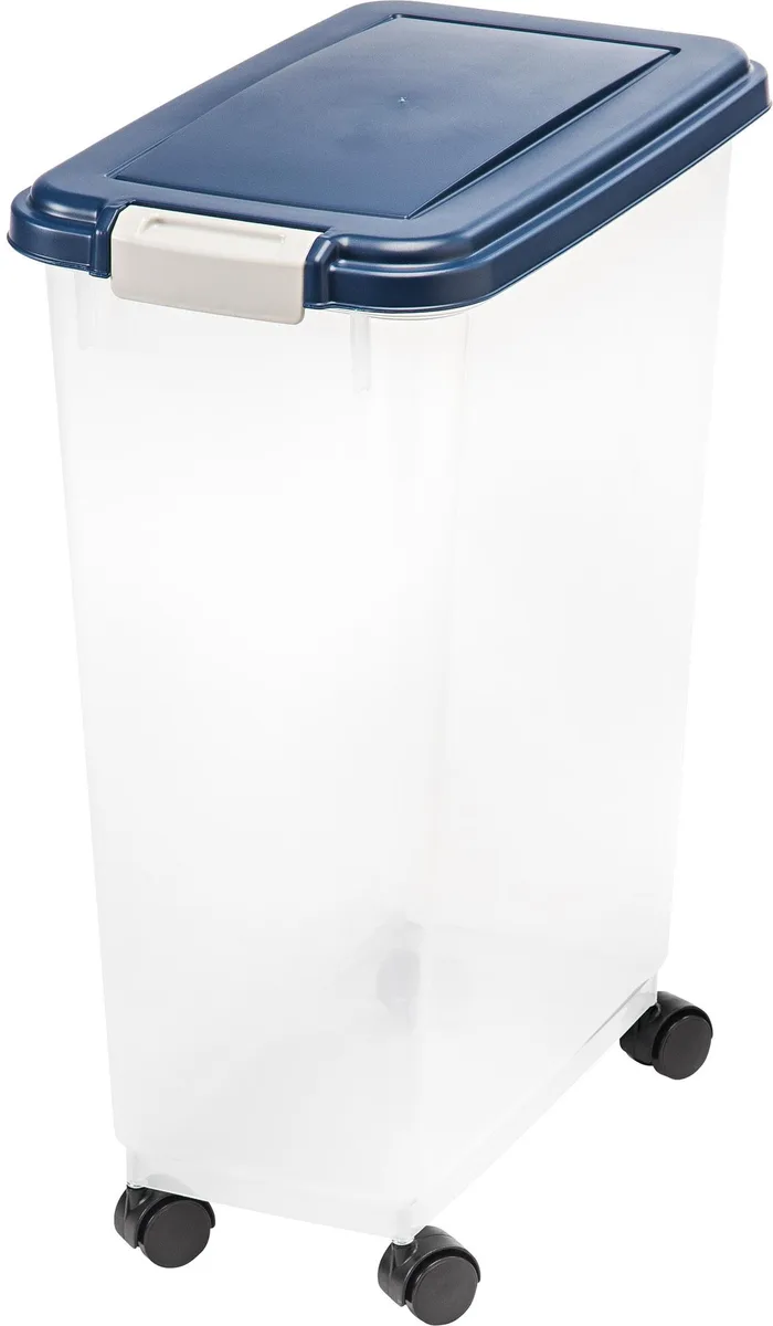 Navy and clear rectangular container with snap lid and four wheels