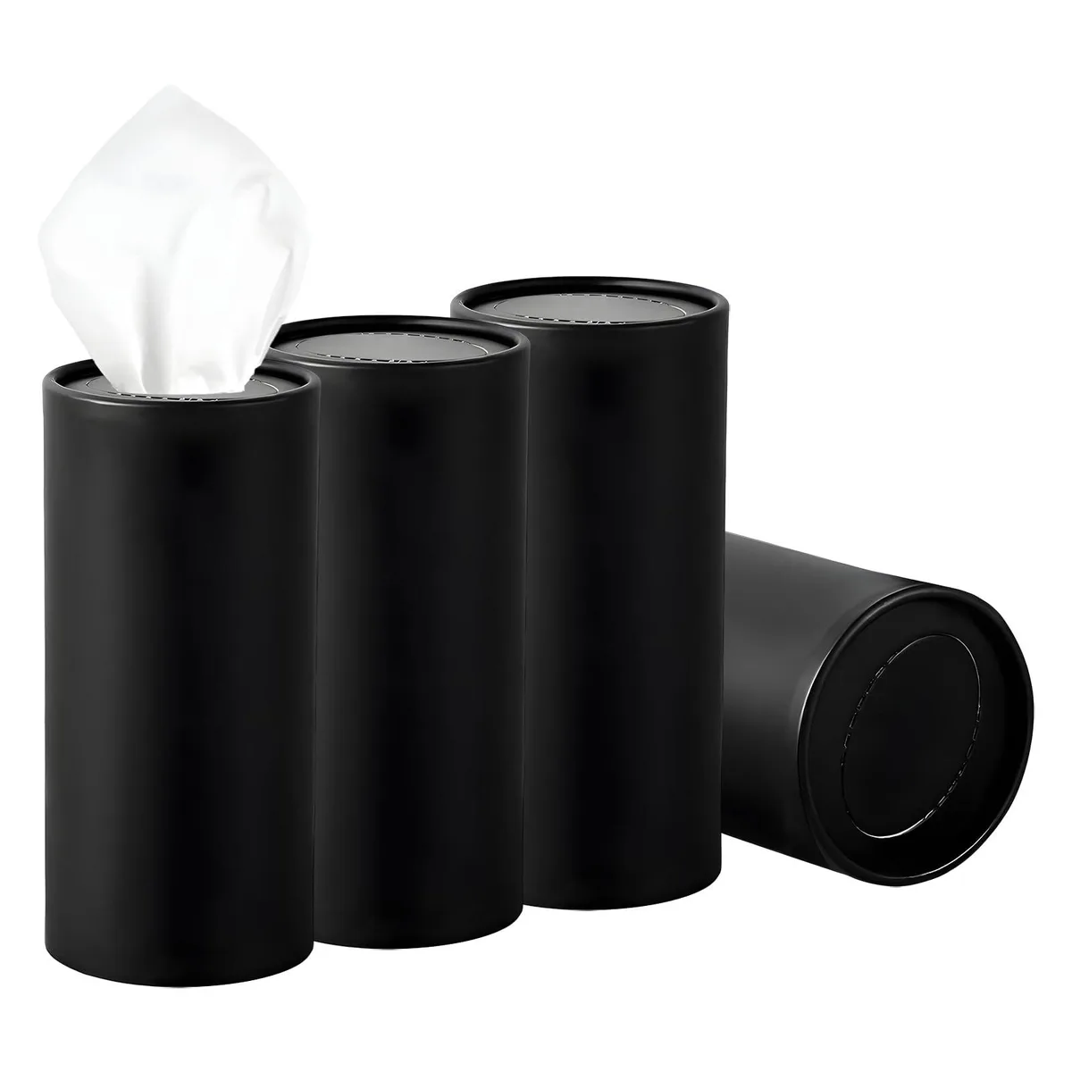 Four black cylindrical tissue holders with circular dispensing openings