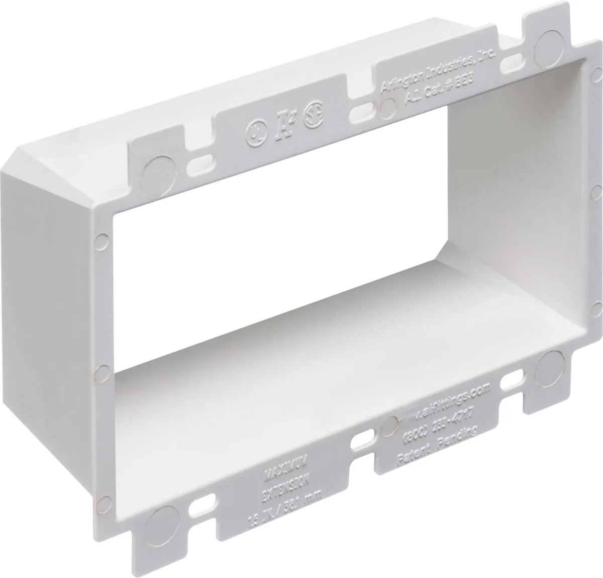 White plastic three-gang electrical box extender with multiple screw holes