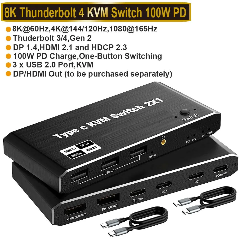 IHDAPP IHDAPP 2-Port USB-C KVM Switch 8K 60Hz 4K 120Hz 100W PD — product photo