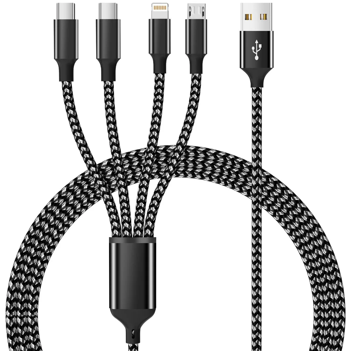 Orange braided 4-in-1 charging cable with dual USB-C, Lightning and Micro-USB connectors
