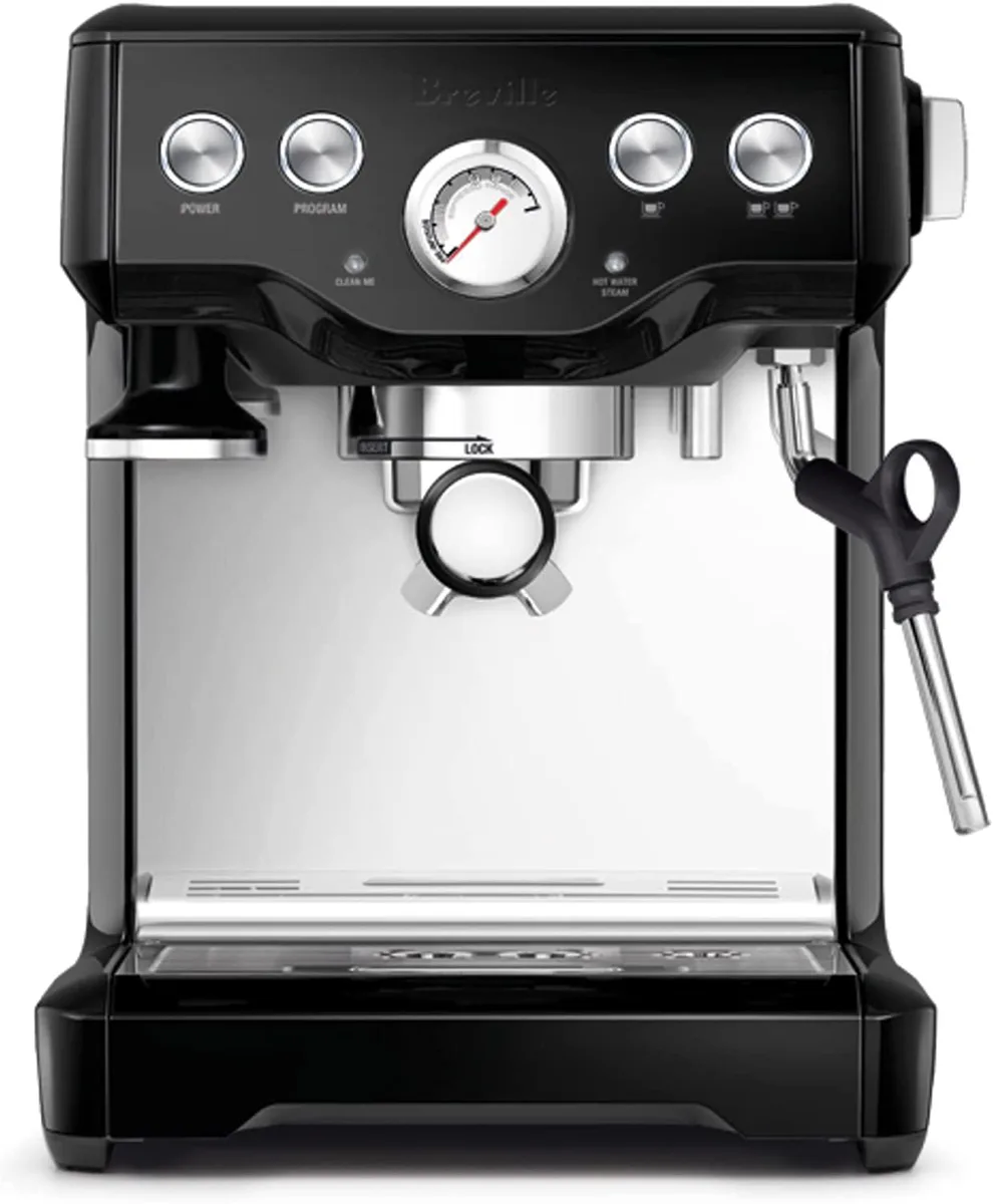 Breville BES840 Infuser espresso machine in Black Sesame finish with steam wand and portafilter