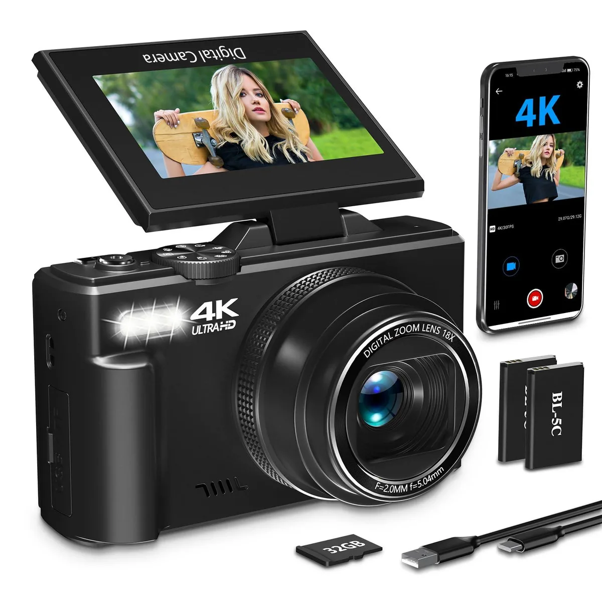  NIKICAM W08 64MP 4K 3.0" 180° Flip Screen Compact Camera — product photo