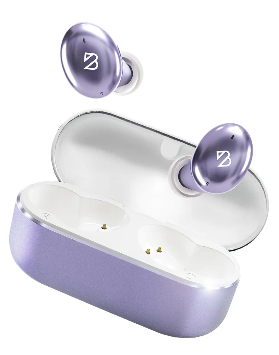 Lavender wireless earbuds in a compact charging case