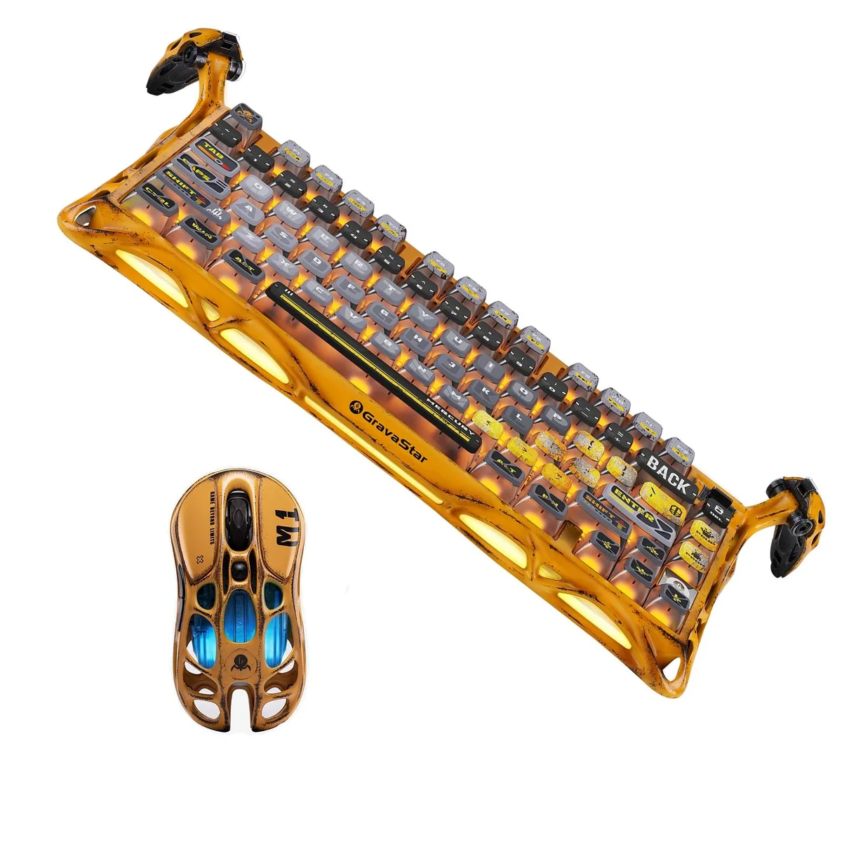 GravaStar GravaStar Combo Mercury M1 Pro Battle Worn-Yellow mouse &amp; Cocoon K1 Pro Battle-Worn Yellow keyboard — product photo