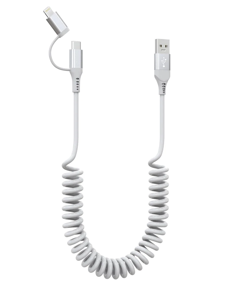  Pubiohs PU-USB-65 2-in-1 USB-A to USB-C &amp; Lightning coiled cable White — product photo