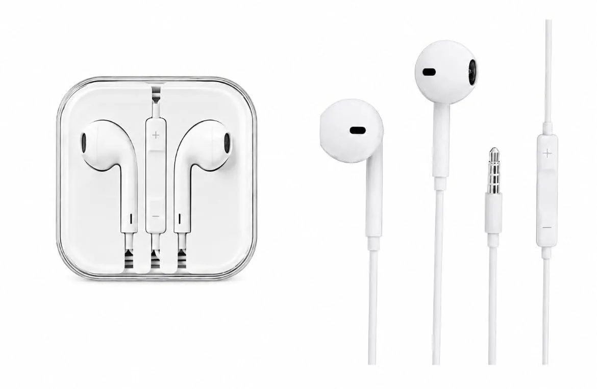 Two white wired in-ear earbuds with inline mic and volume control, 3.5mm plug