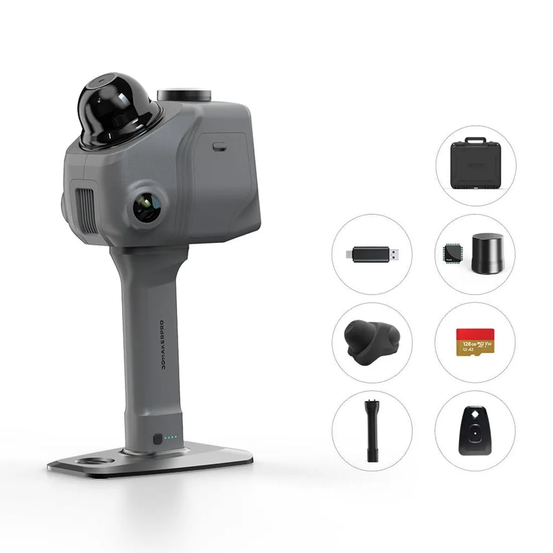 Handheld LiDAR scanner with AMOLED touchscreen and dual cameras, matte grey finish