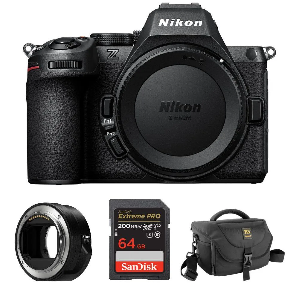 Nikon Z5 II mirrorless camera body with FTZ II adapter, 64GB SD card and black shoulder bag