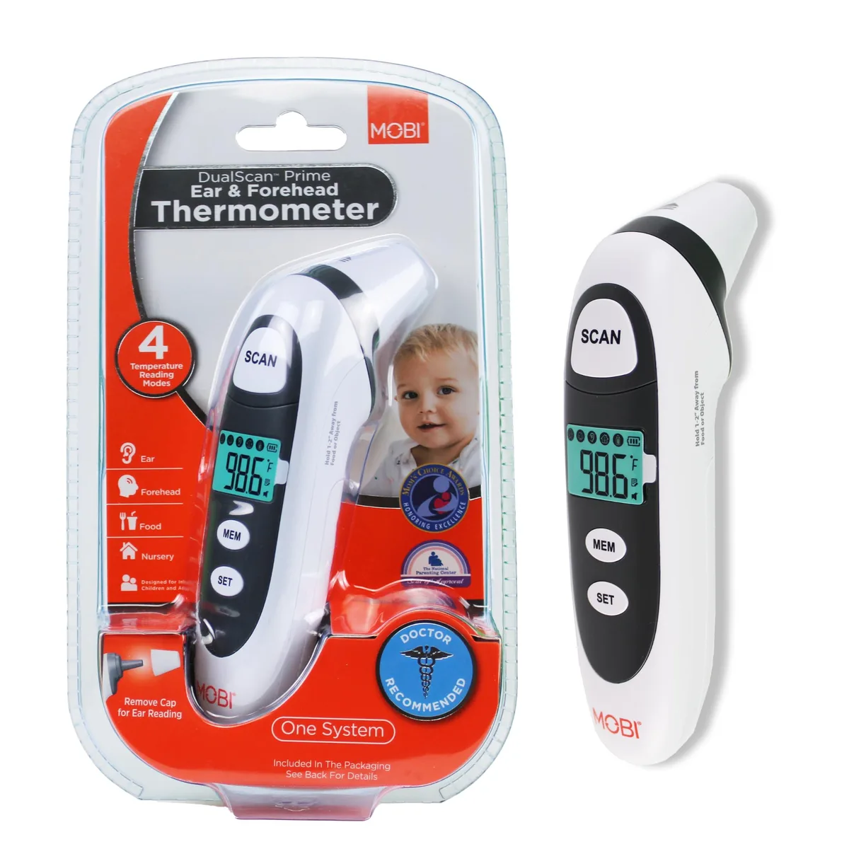 White handheld digital thermometer with removable ear cap and backlit LCD screen
