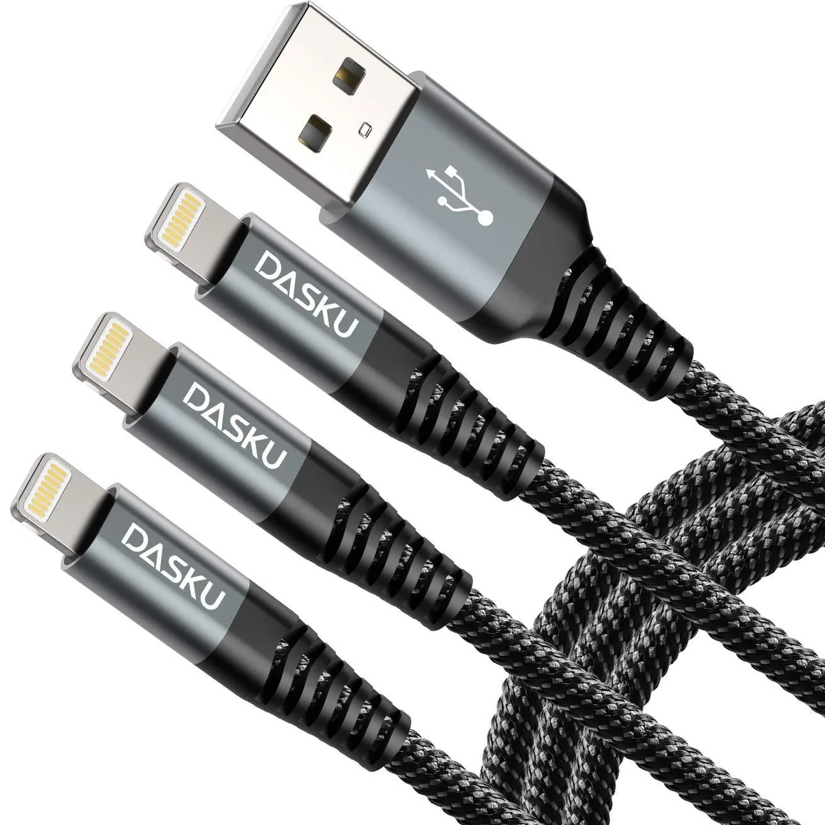 Three black braided Lightning cables with USB-A plugs, coiled together