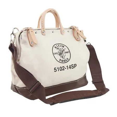 Brown canvas tool bag, wide mouth, leather shoulder strap, ten inner pockets