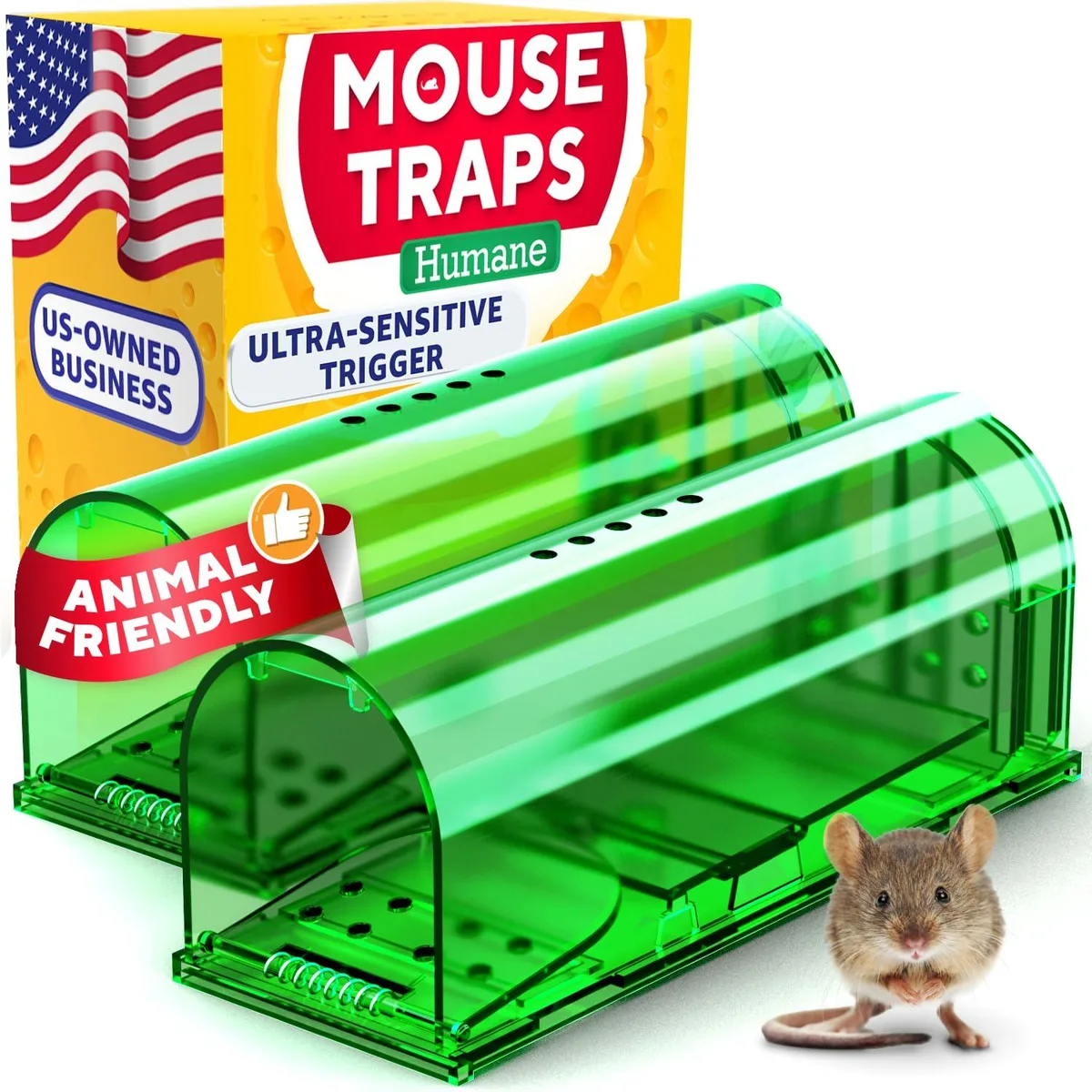 Two transparent green rectangular mouse traps with spring-loaded doors, each about 6.75 inches long