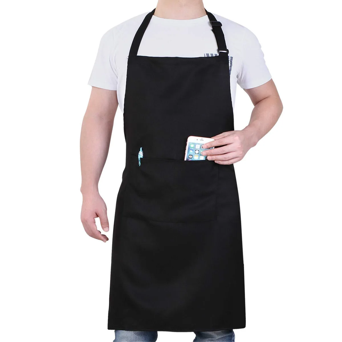 Black chef apron with adjustable neck strap, long waist ties, and two front pockets