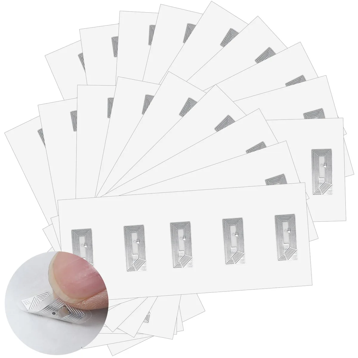 100 transparent rectangular NFC stickers, 2.1 by 1.1 cm, on a sheet