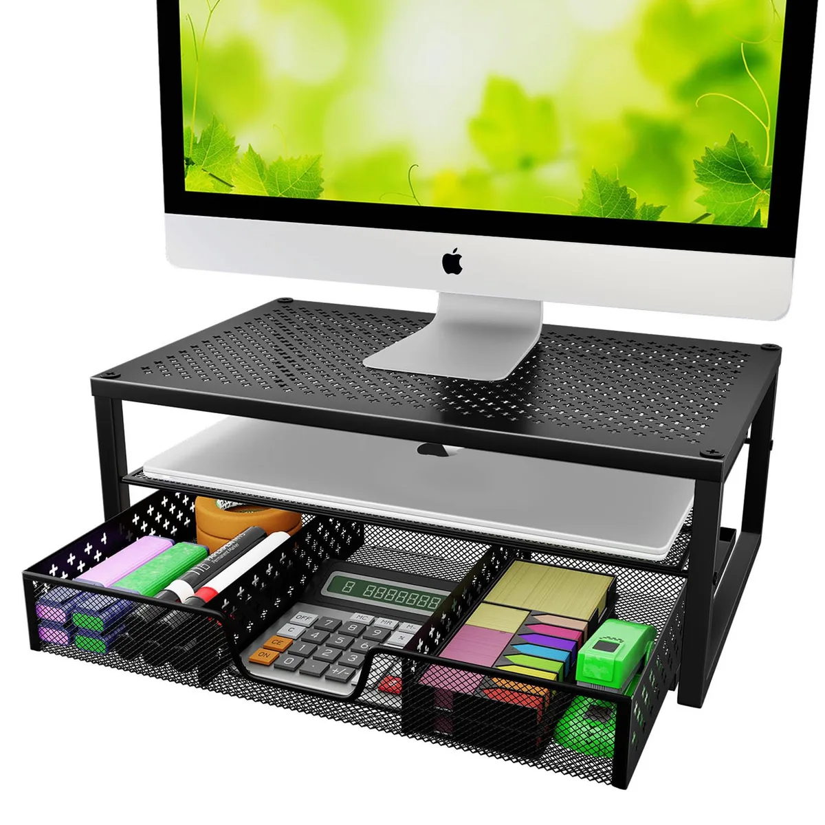 No Sew No Sew ST57810 Metal Monitor Stand Riser with Drawer Black 16"W x 10"D x 6.25"H — product photo