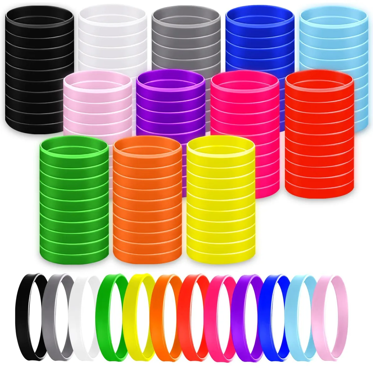 120 silicone wristbands in twelve colours, 20.2 cm circumference, 1.2 cm wide