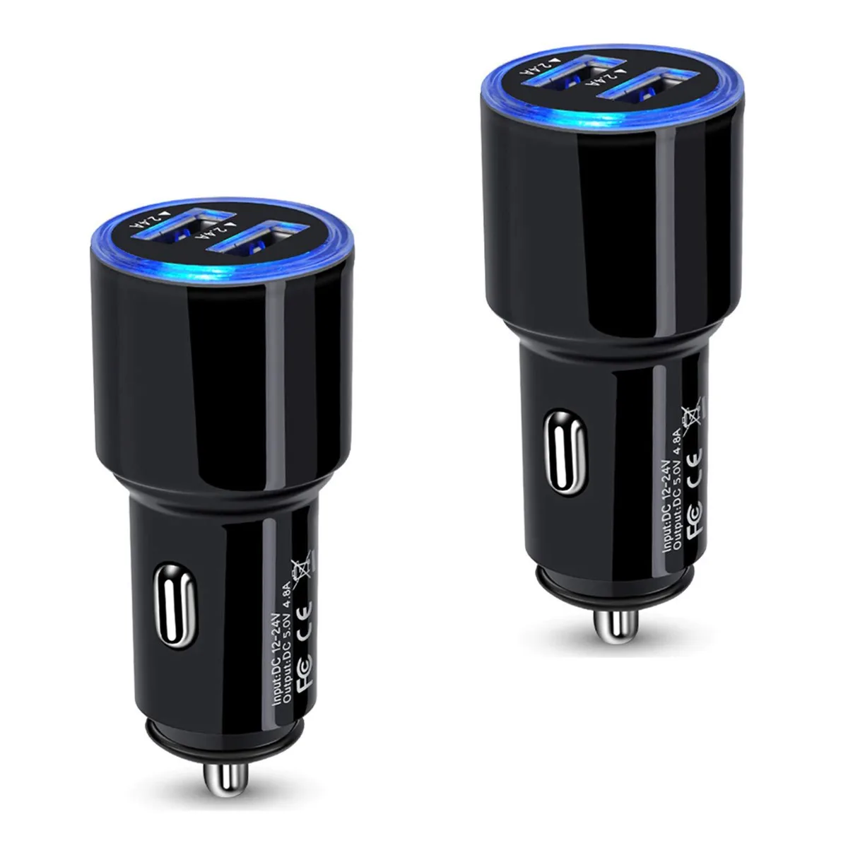 Two compact black USB car chargers with blue LED indicator lights side by side