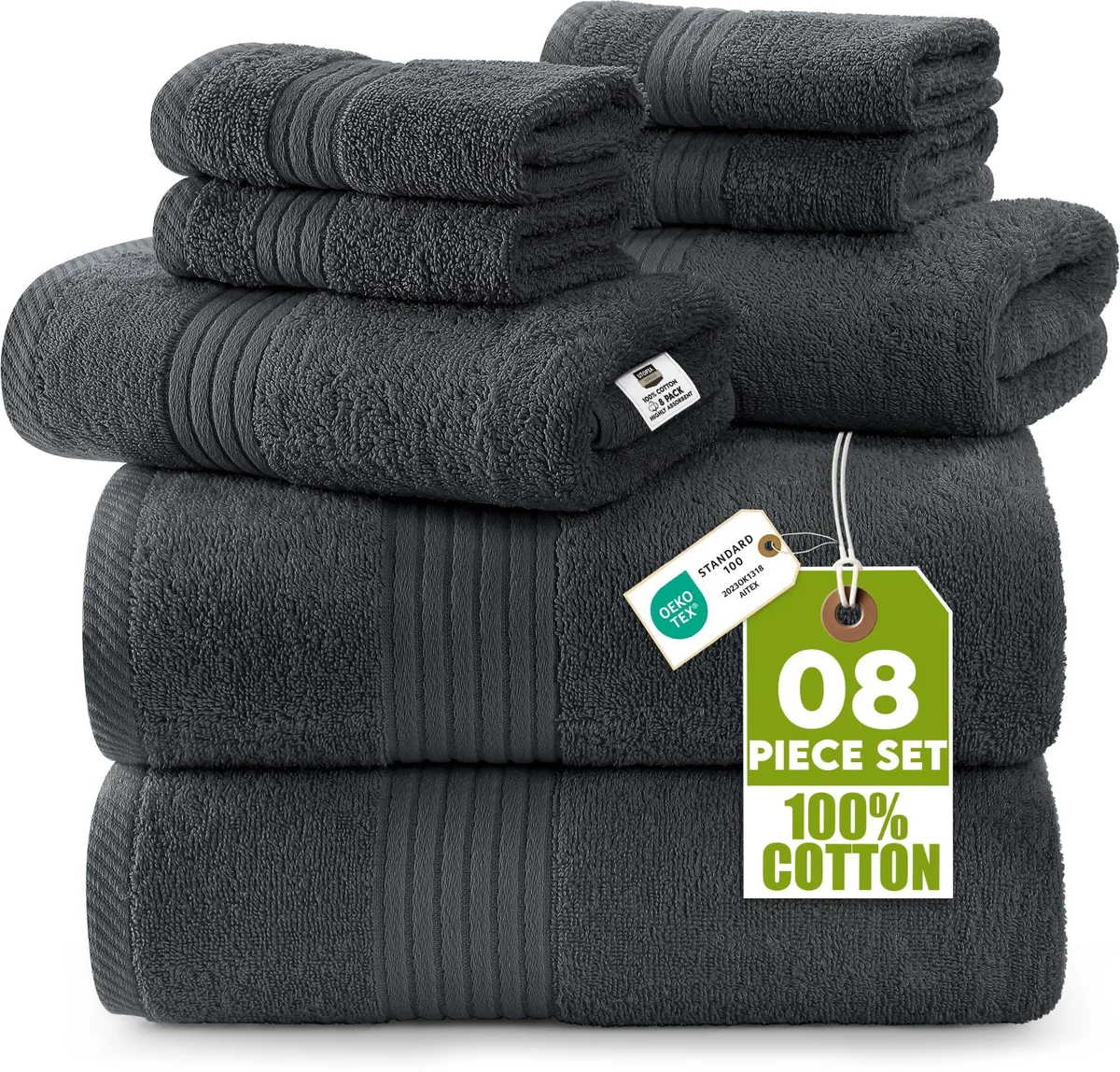 Eight-piece towel set in grey, two bath towels, two hand towels, four washcloths