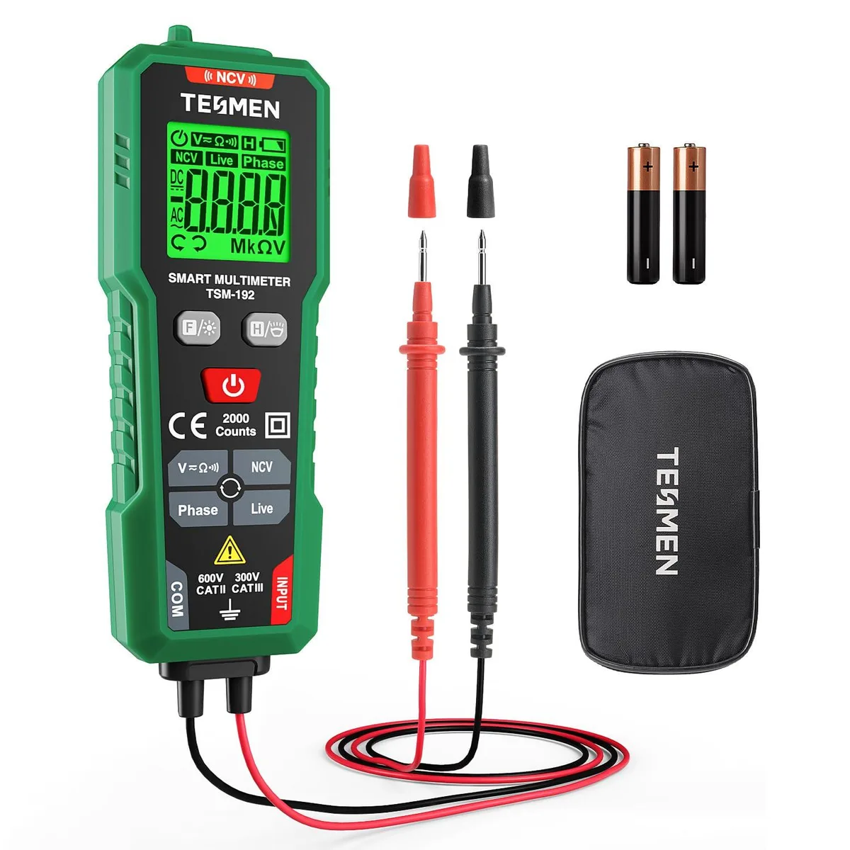 Green handheld digital multimeter with probe storage bracket and backlit display