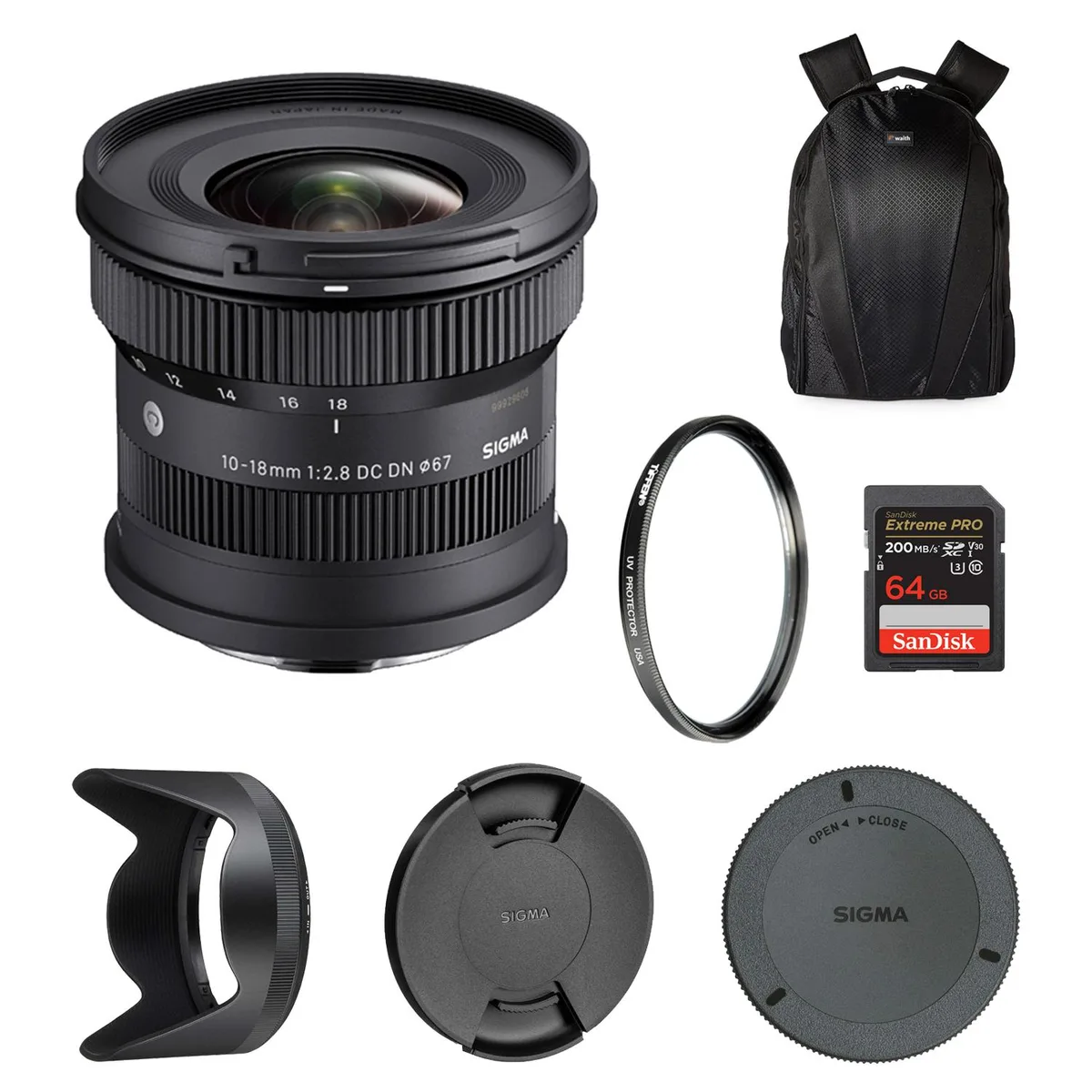 Black ultra-wide zoom lens for Sony E with petal hood, UV filter, camera backpack and 64GB SD card