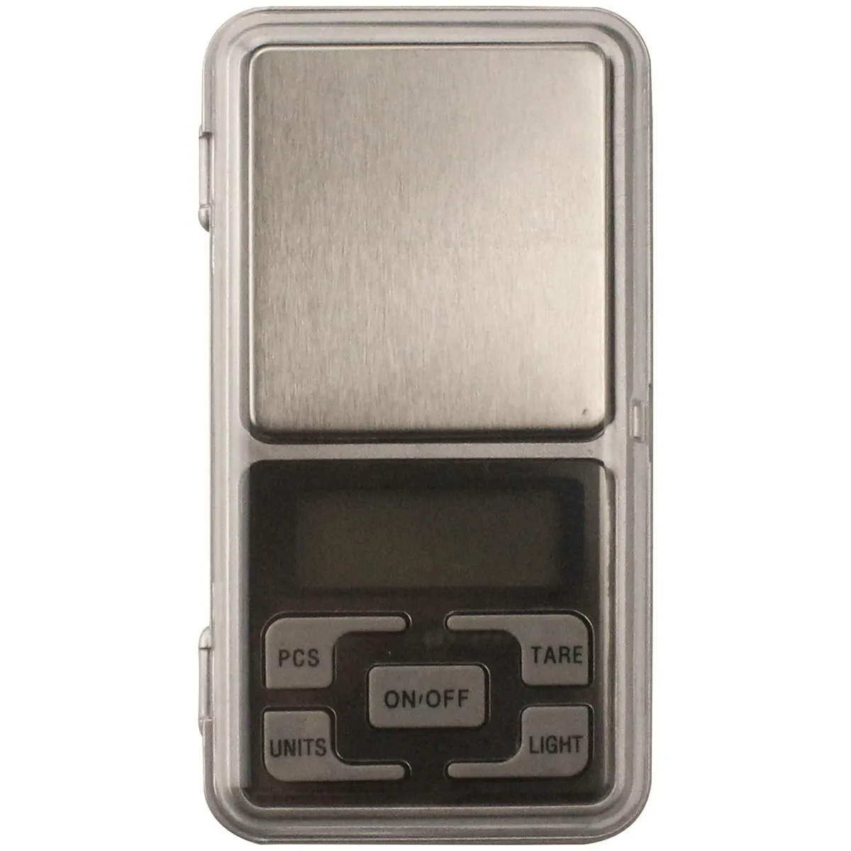 Small rectangular digital pocket scale with stainless platform and backlit LCD screen