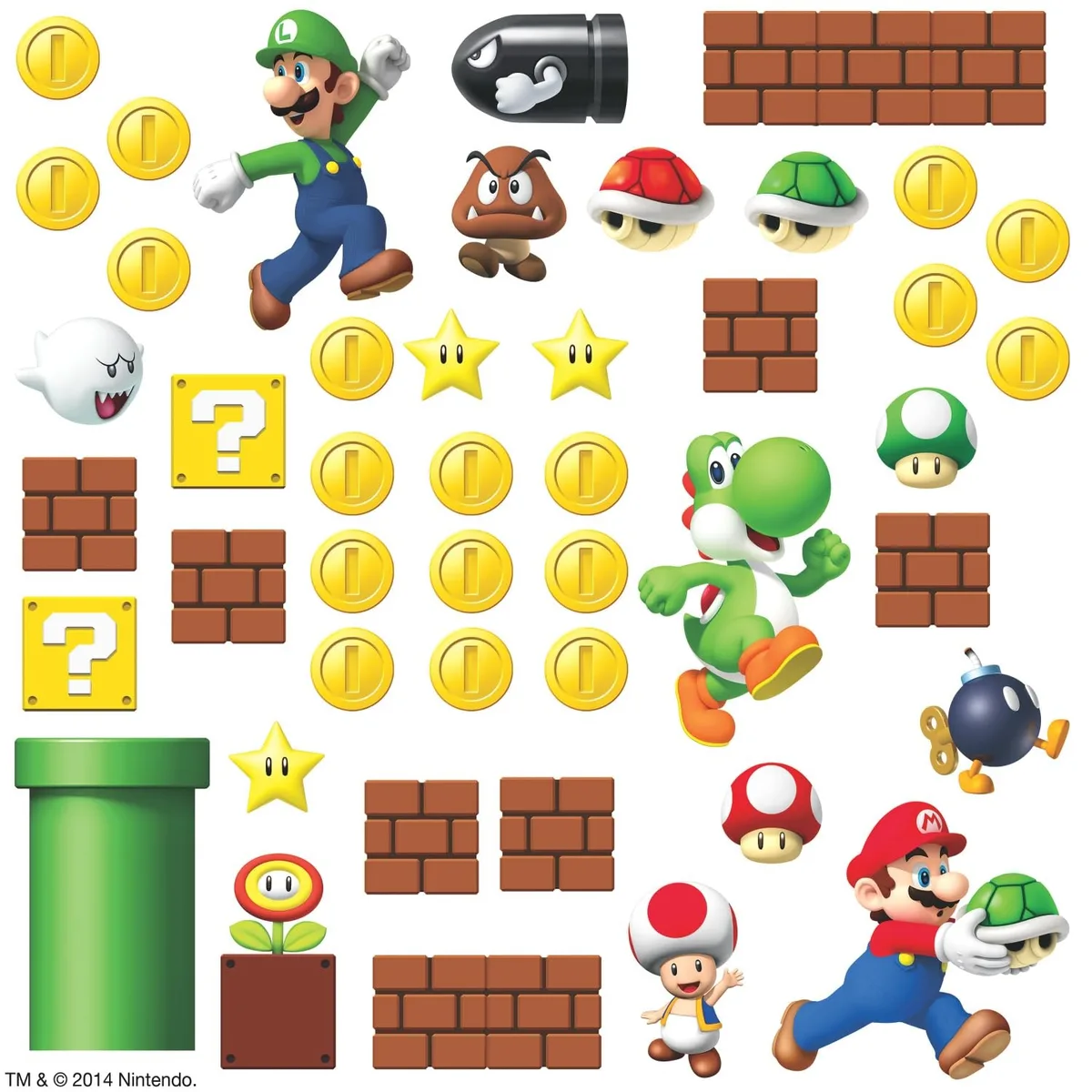 Sheet of 45 multicoloured Super Mario vinyl peel-and-stick decals on black backing