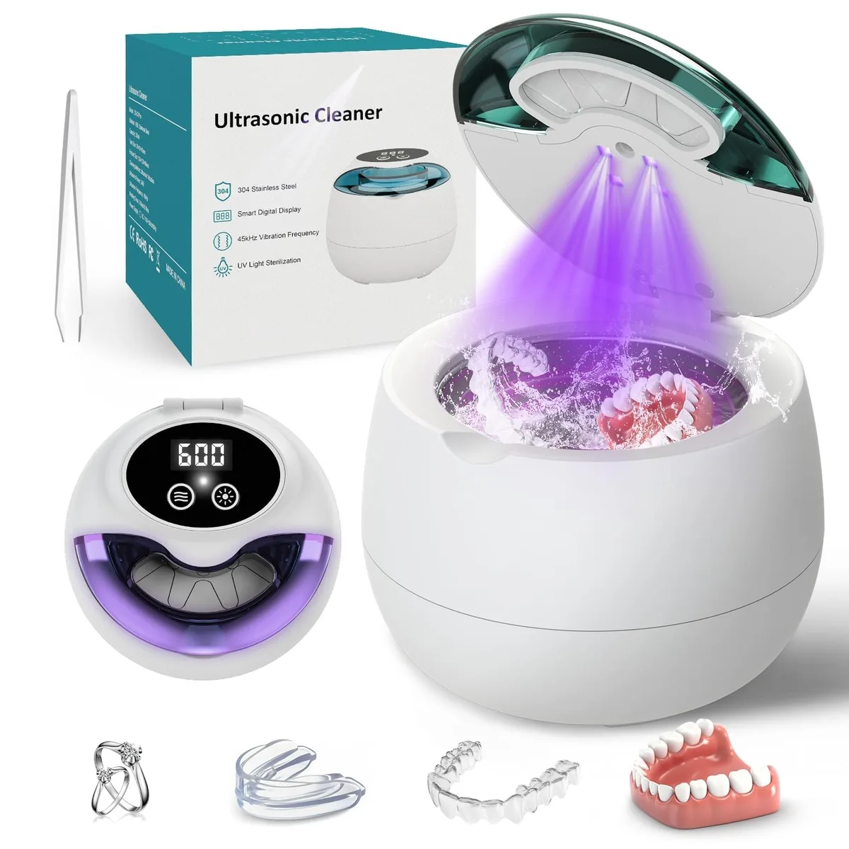 White rectangular ultrasonic cleaner with stainless steel tank and touch controls