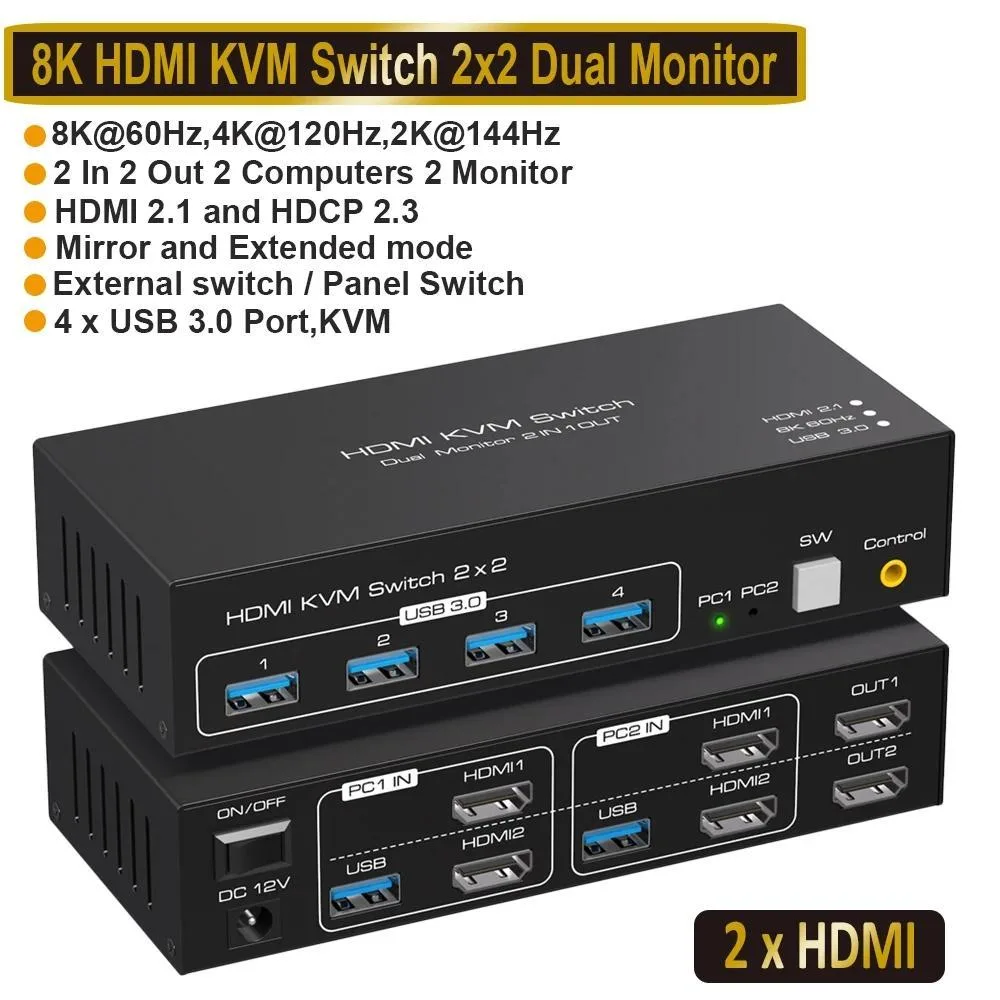 LUOM LUOM SW221-2HD 8K 60Hz 4K 120Hz Dual Monitor KVM Switch — product photo