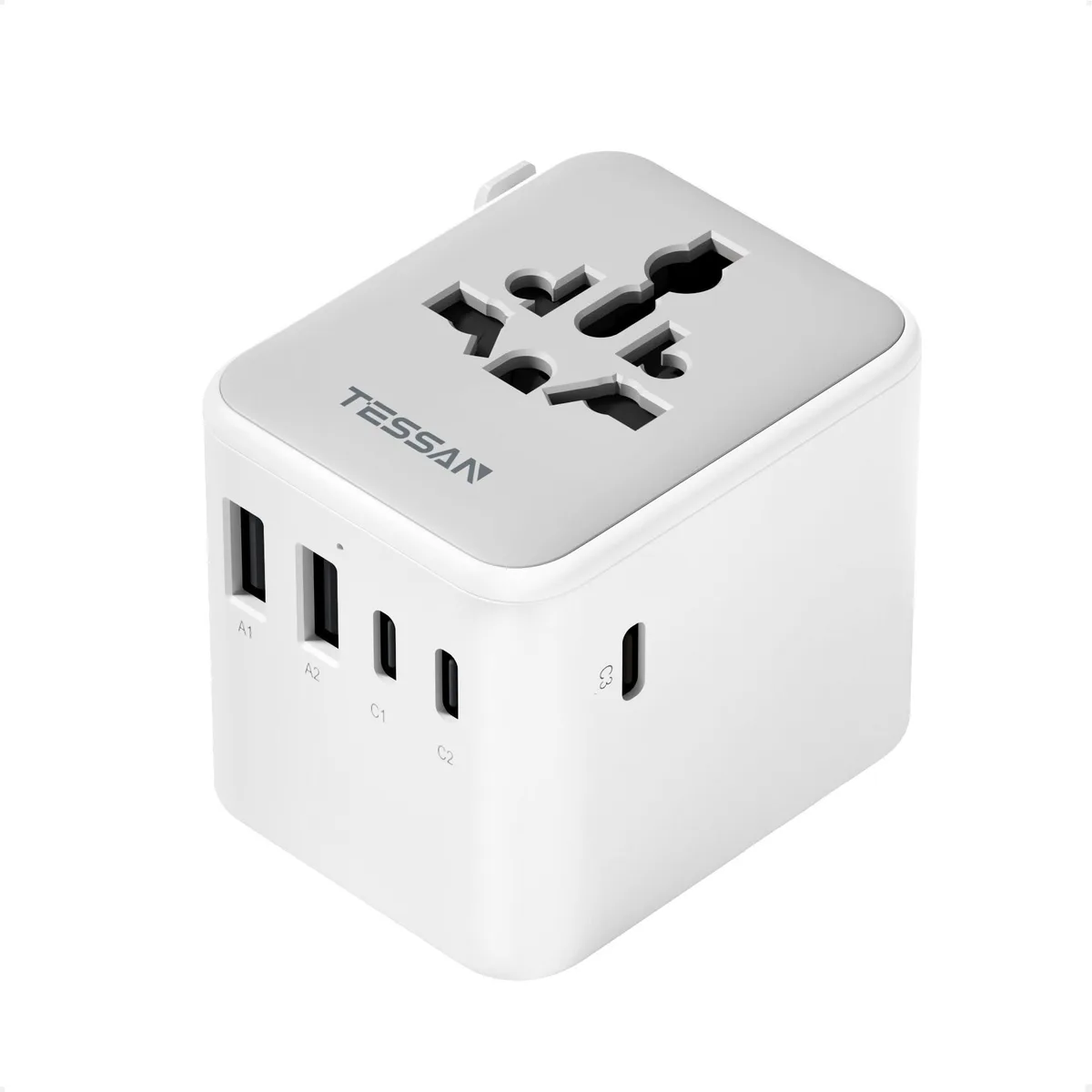 TESSAN TS-WTA08 Universal Travel Adapter 28W 3 USB-C 2 USB-A Grey White — product photo