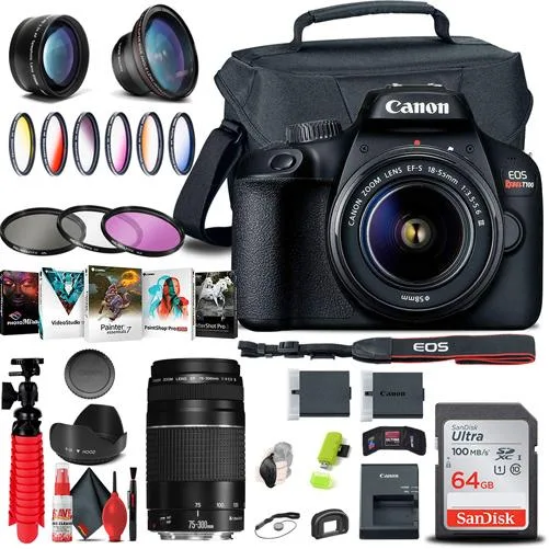 Canon Canon EOS Rebel T100 / 4000D DSLR camera 18-55mm + 75-300mm tripod bundle — product photo