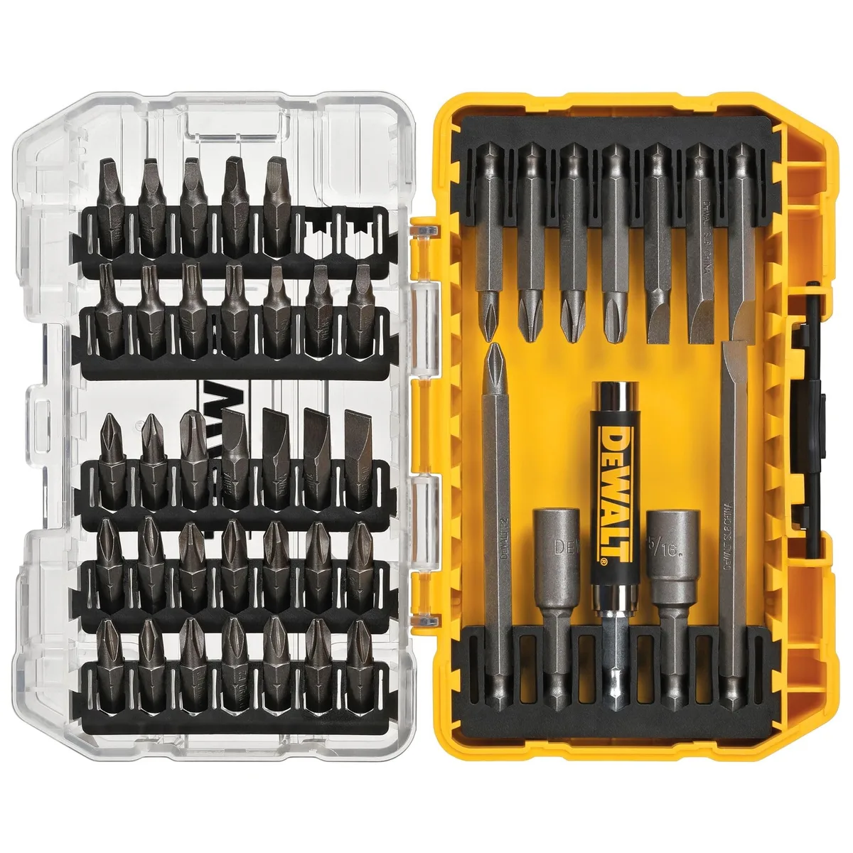 DeWalt 45-piece screwdriver bit set in black tough case with clear lid